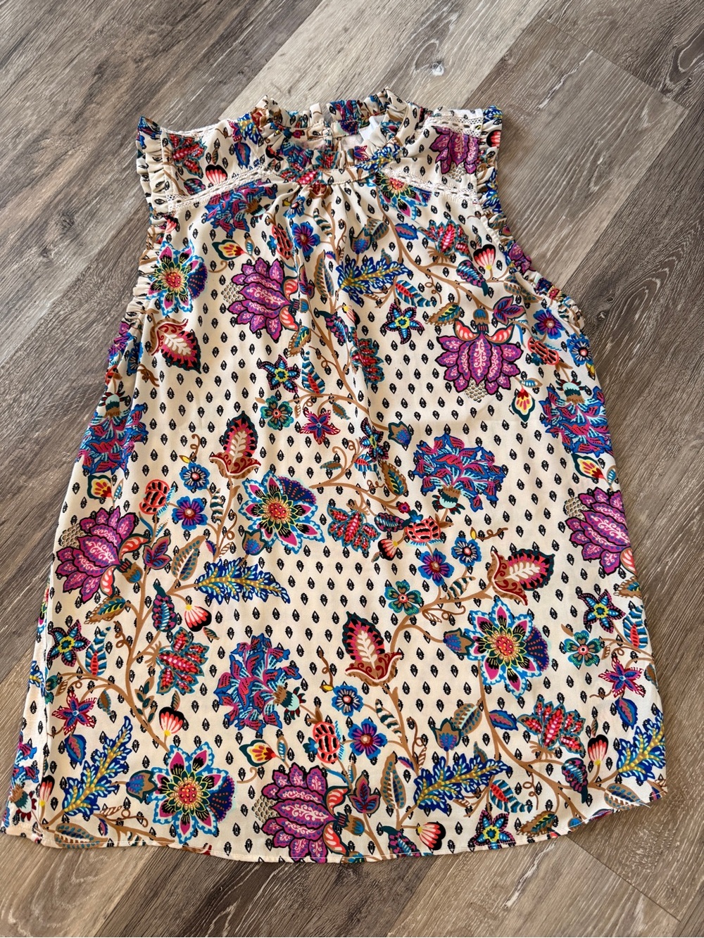 LOFT Cream Floral Sleeveless Ruffle-Neck Top
